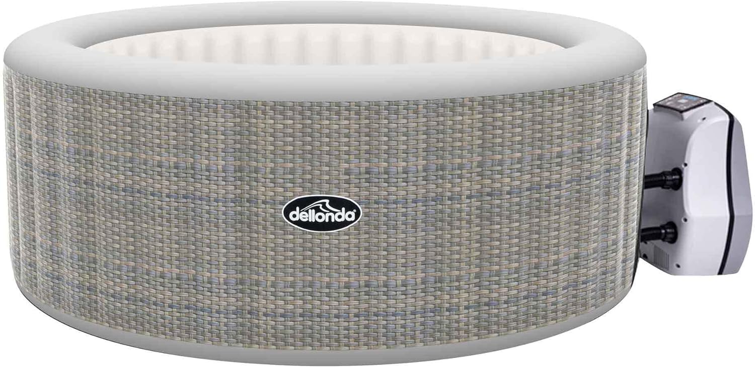 Dellonda DL90 Rattan Spa — Rattan-effect 2–4 person spa with a 110 bubble-jet massage system, digital LED smart pump and a complete accessory kit in the box.