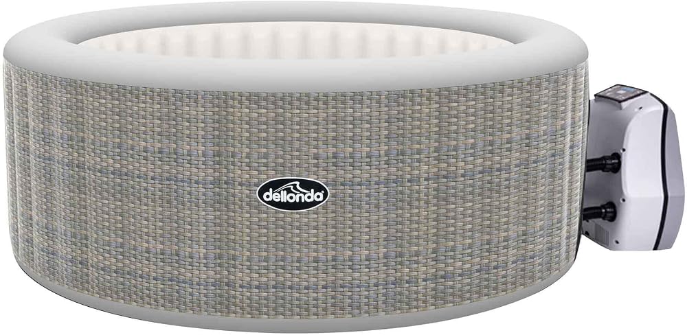 Dellonda DL90 Rattan Spa — Rattan-effect 2–4 person spa with a 110 bubble-jet massage system, digital LED smart pump and a complete accessory kit in the box.