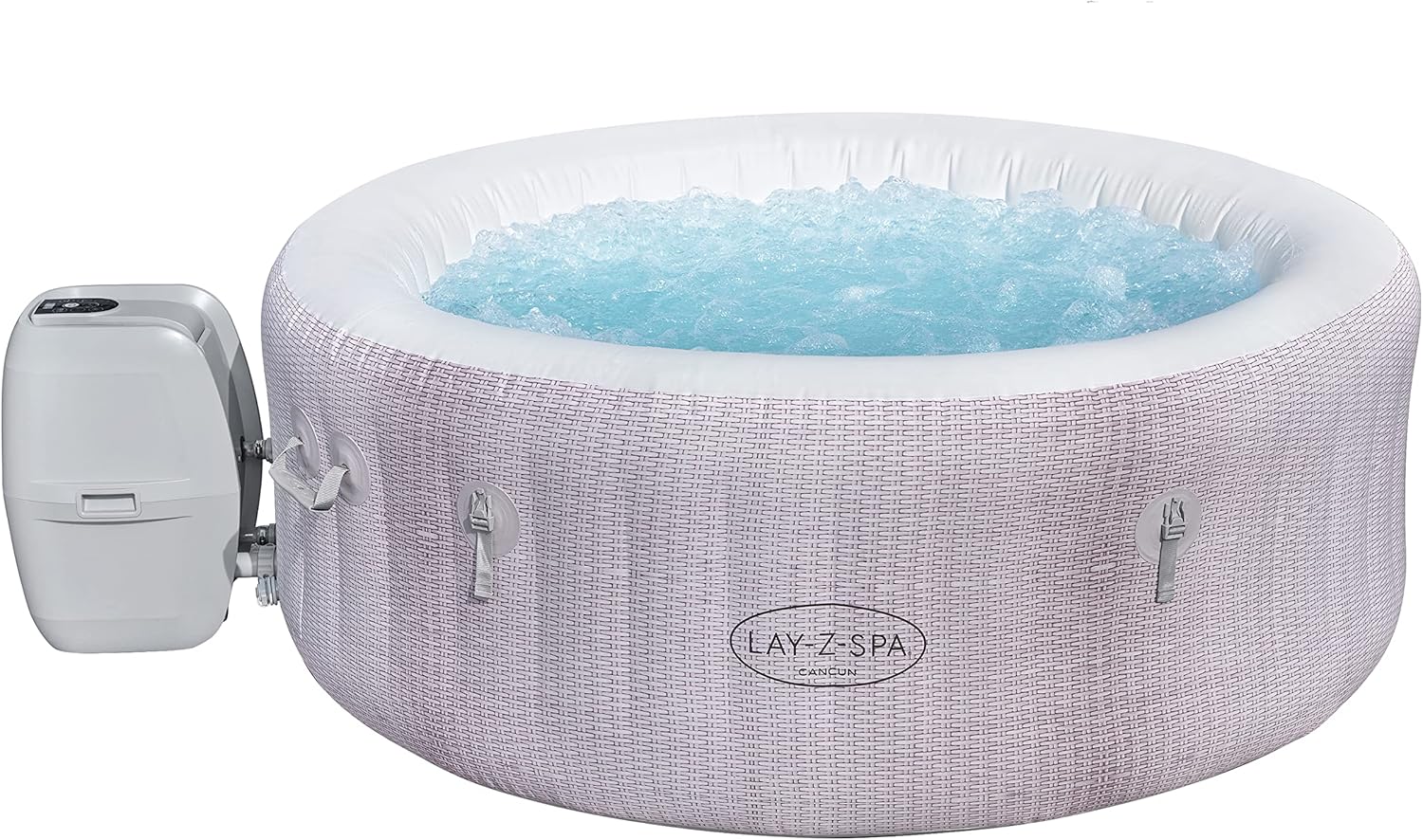 Lay-Z-Spa Cancun AirJet — A light-grey rattan-effect inflatable spa for up to 4, with a 120 AirJet massage system and year-round Freeze Shield technology.