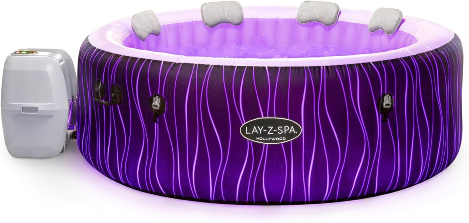 Lay-Z-Spa Hollywood LED — A 4–6 person spa with a semi-transparent liner and remote-controlled LED lighting that glows from the inside out.
