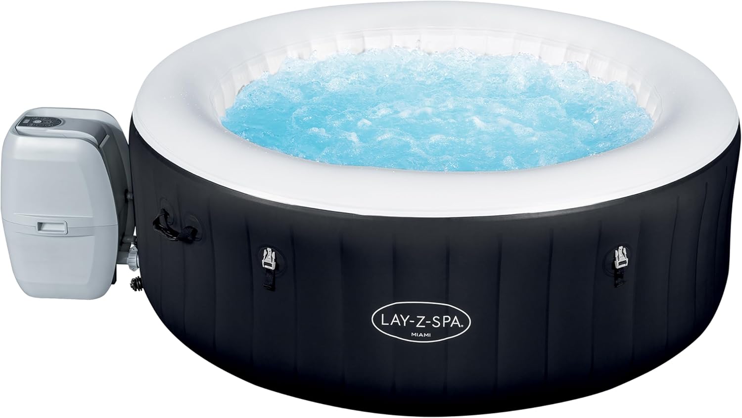 Lay-Z-Spa Miami AirJet — The classic compact hot tub from the UK's best-selling inflatable spa brand — 120 AirJets, TriTech walls and Freeze Shield as standard.