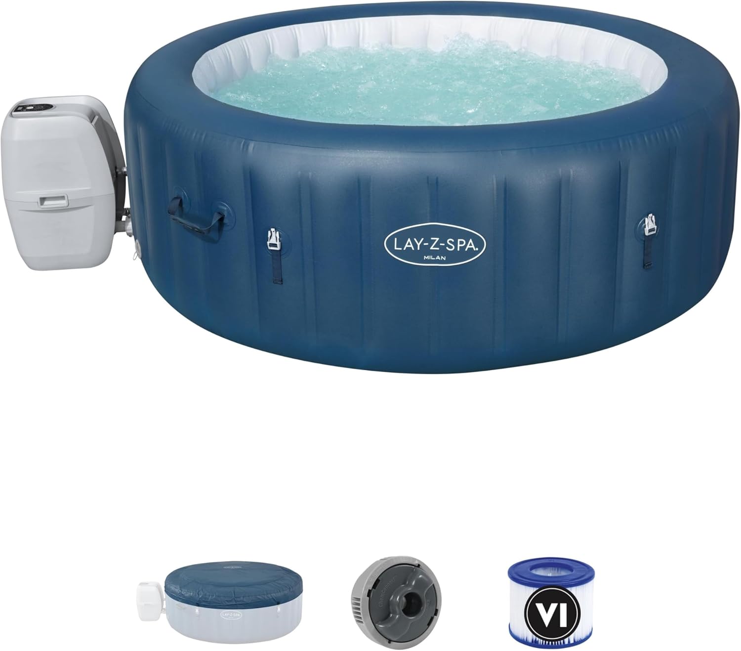 Lay-Z-Spa Milan AirJet Plus — Wi-Fi connected six-seater with voice control, 140 AirJets and simultaneous heat-and-massage — start it from your phone on the way home.