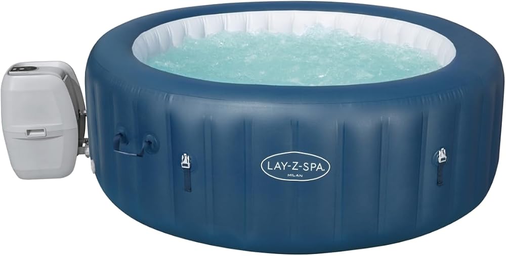 Lay-Z-Spa Milan AirJet Plus — Wi-Fi connected six-seater with voice control, 140 AirJets and simultaneous heat-and-massage — start it from your phone on the way home.