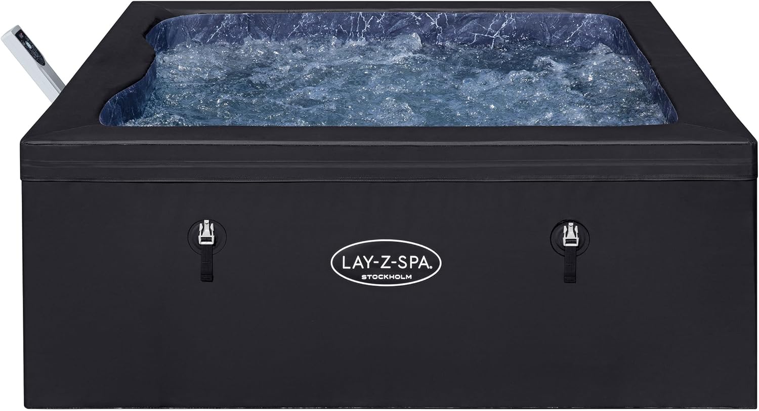 Lay-Z-Spa Stockholm Foam — Square foam-walled spa for 4–6, up to 60% more energy-efficient than a standard inflatable, with Wi-Fi control and 140 AirJets.
