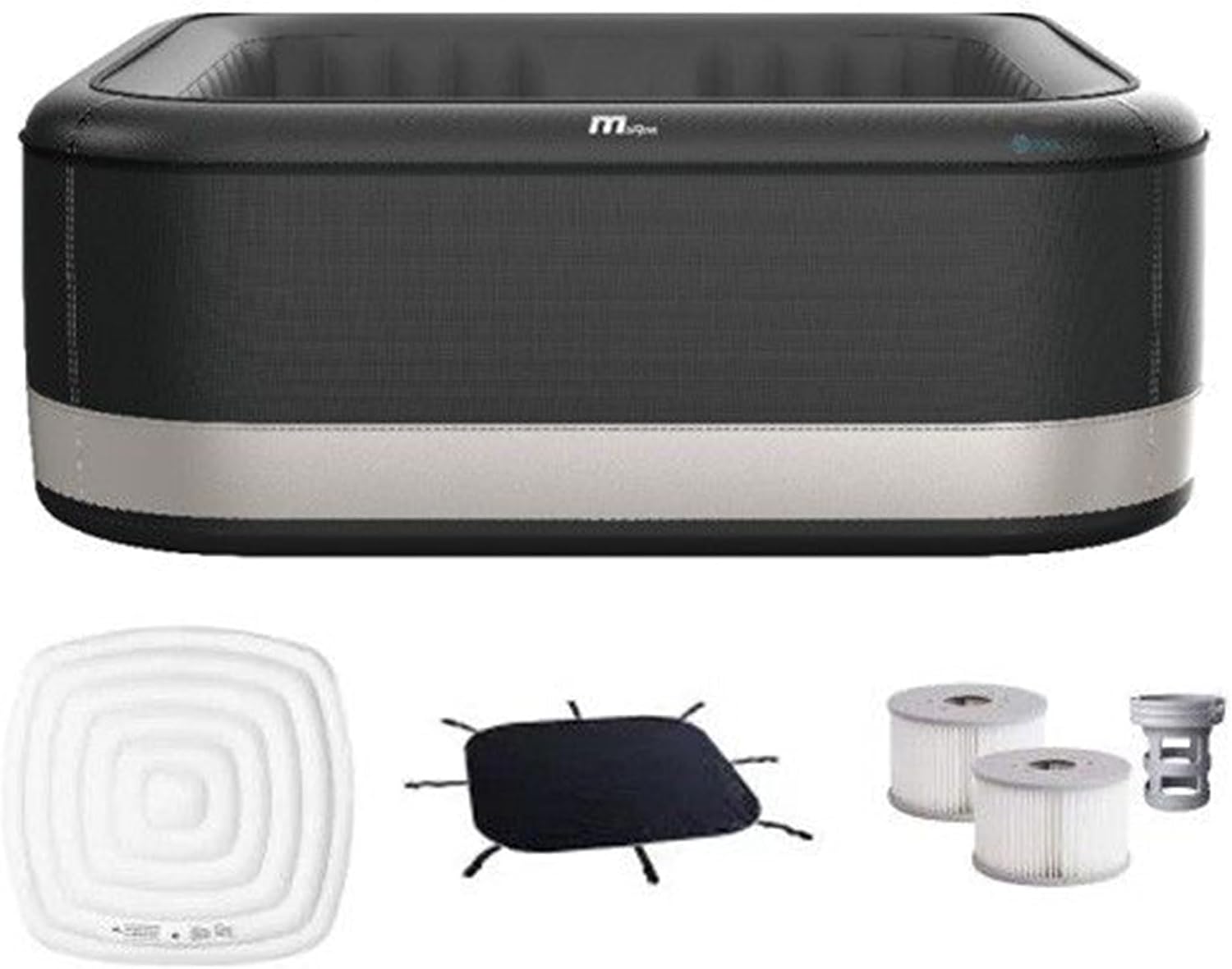 MSpa Portland Square Spa — A striking square spa in two-tone grey with a carbon-fibre texture, gentle bubble massage and built-in anti-ice protection.