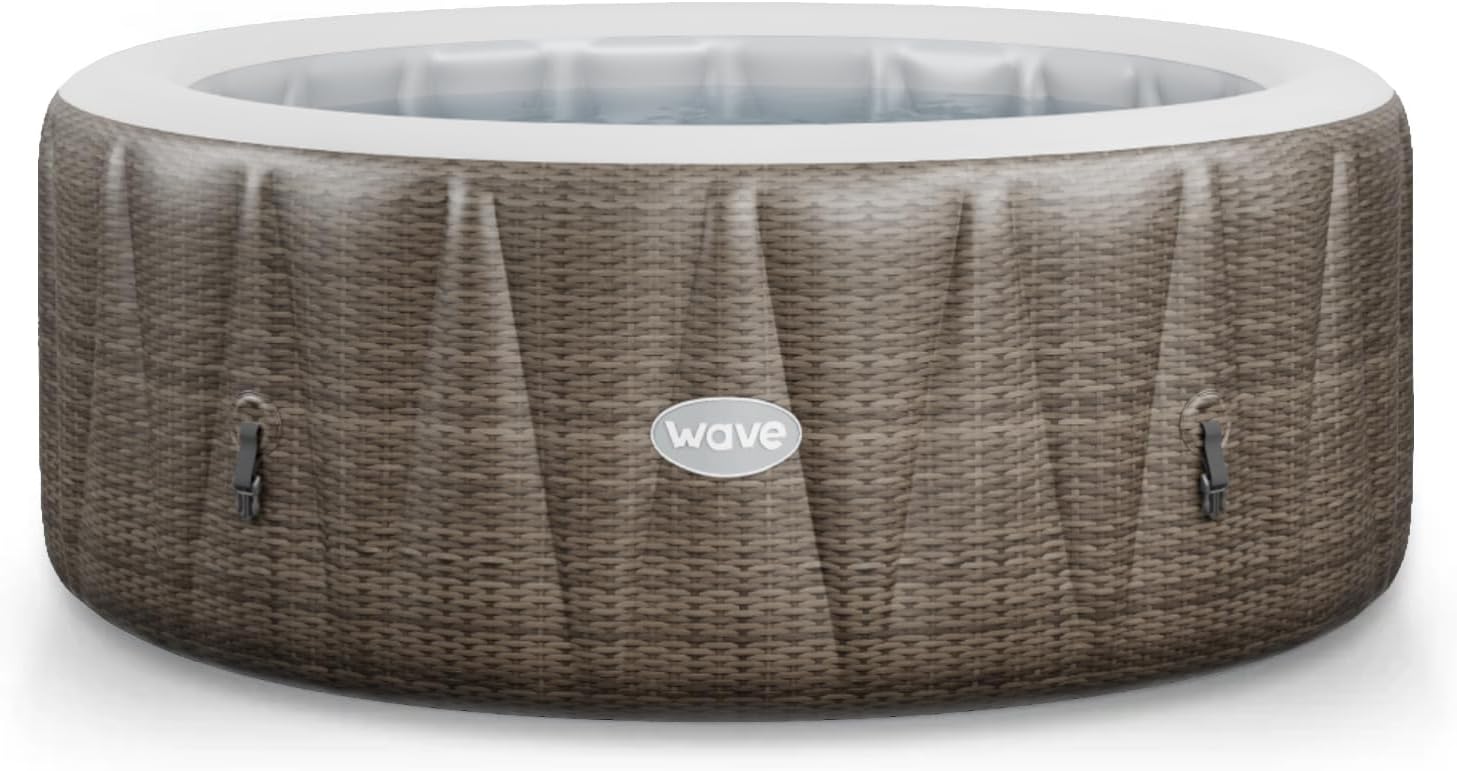 Wave Atlantic 6 — Six-person brown-rattan spa with 130 BubbleJets, a wall-integrated rapid heater and automatic FrostFree winter protection.