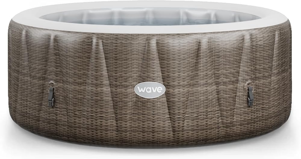Wave Atlantic 6 — Six-person brown-rattan spa with 130 BubbleJets, a wall-integrated rapid heater and automatic FrostFree winter protection.